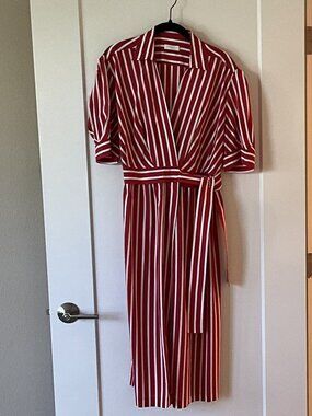 Sandro red and white striped wrap dress